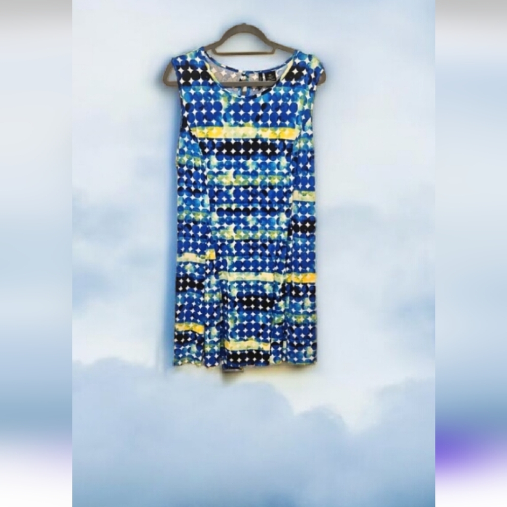New DIRECTIONS Summer Sleeveless Dress Blue Green Yellow Polkadots PXL Stretchy